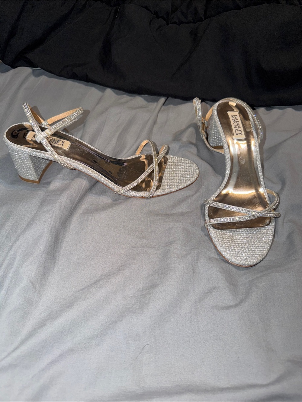 Badgley Mischka Silver Rhinestone Strappy Block Heel Sandals